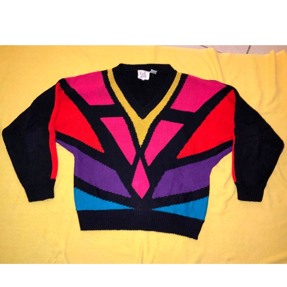 Knit‎ de Ville 1980's VNTG Geometric Colorblock V Neck Sweater Women Size Small